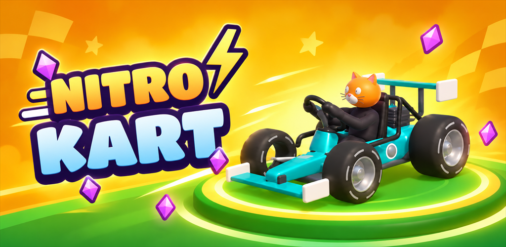 Nitro Kart logo with Kit driving a teal Formula kart