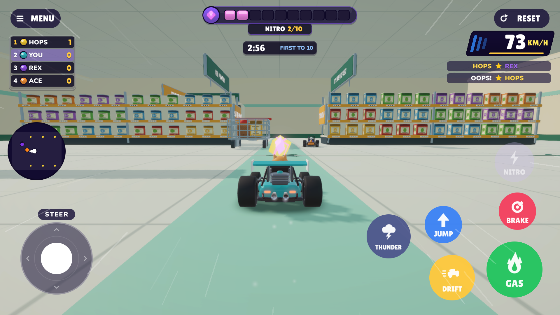 Kart battle among supermarket shelves and a shopping cart